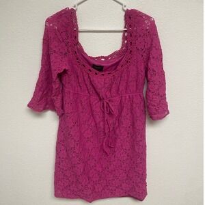 Laundry‎ by Shelli Segal Pink Crochet Lace Square Neck Tie Waist  Tunic Top M